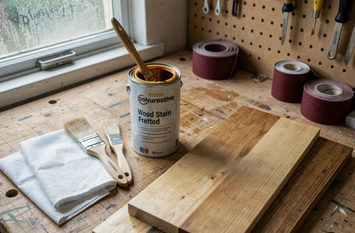 Pot de lasure polyuréthane ouvert avec des pinceaux et une planche de bois partiellement traitée sur un établi d'atelier