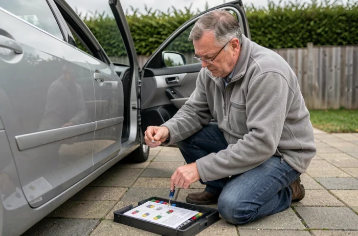 Propriétaire de voiture comparant un nouveau fusible de régulateur de vitesse avec le schéma du capot du boîtier à fusibles dans une allée résidentielle