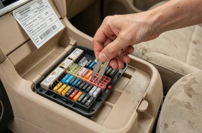 Main féminine retirant un fusible de régulateur de vitesse dans le boîtier à fusibles d'un tableau de bord de voiture