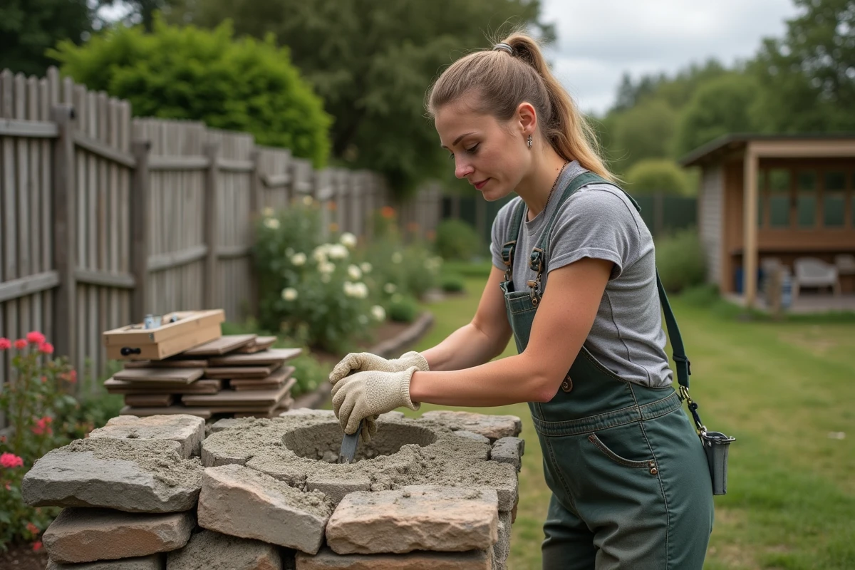 Jeune femme réparant un barbecue en pierre avec du mortier