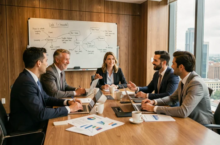 Équipe de professionnels en réunion stratégique autour d'une table de conférence avec rapports et ordinateurs portables, conseil en affaires