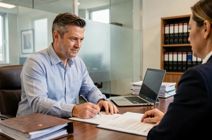 Homme signant un contrat de prêt immobilier avec un conseiller bancaire dans un bureau moderne