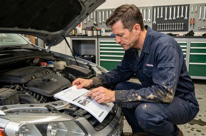 Technicien automobile consultant le manuel du propriétaire pour localiser le fusible du régulateur de vitesse