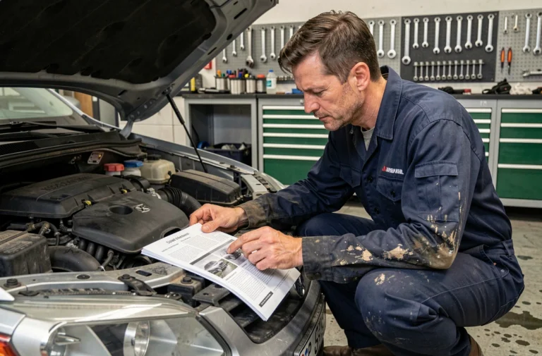 Technicien automobile consultant le manuel du propriétaire pour localiser le fusible du régulateur de vitesse