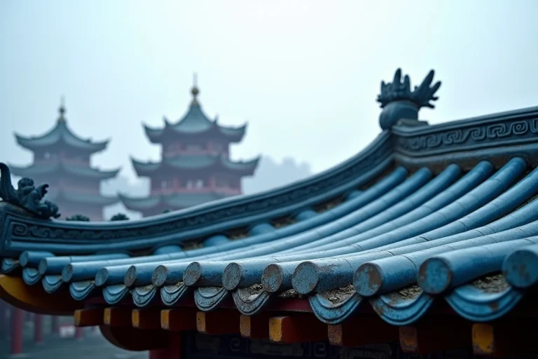 Toits en tuiles bleues vernissées d'un temple traditionnel chinois, vue en contre-plongée révélant les ornements sculptés et la patine ancienne des céramiques cobalt