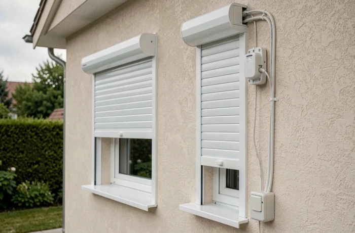 Volets roulants motorisés connectés sur façade de maison avec câblage vers boîtier électrique